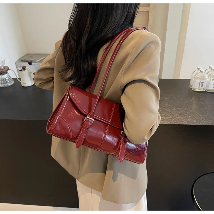 High End Burgundy Oil Wax Leather Underarm Bag Elegant Women's Magnetic Buckle Shoulder Bag Commuter Versatile Ladies Tote Bags