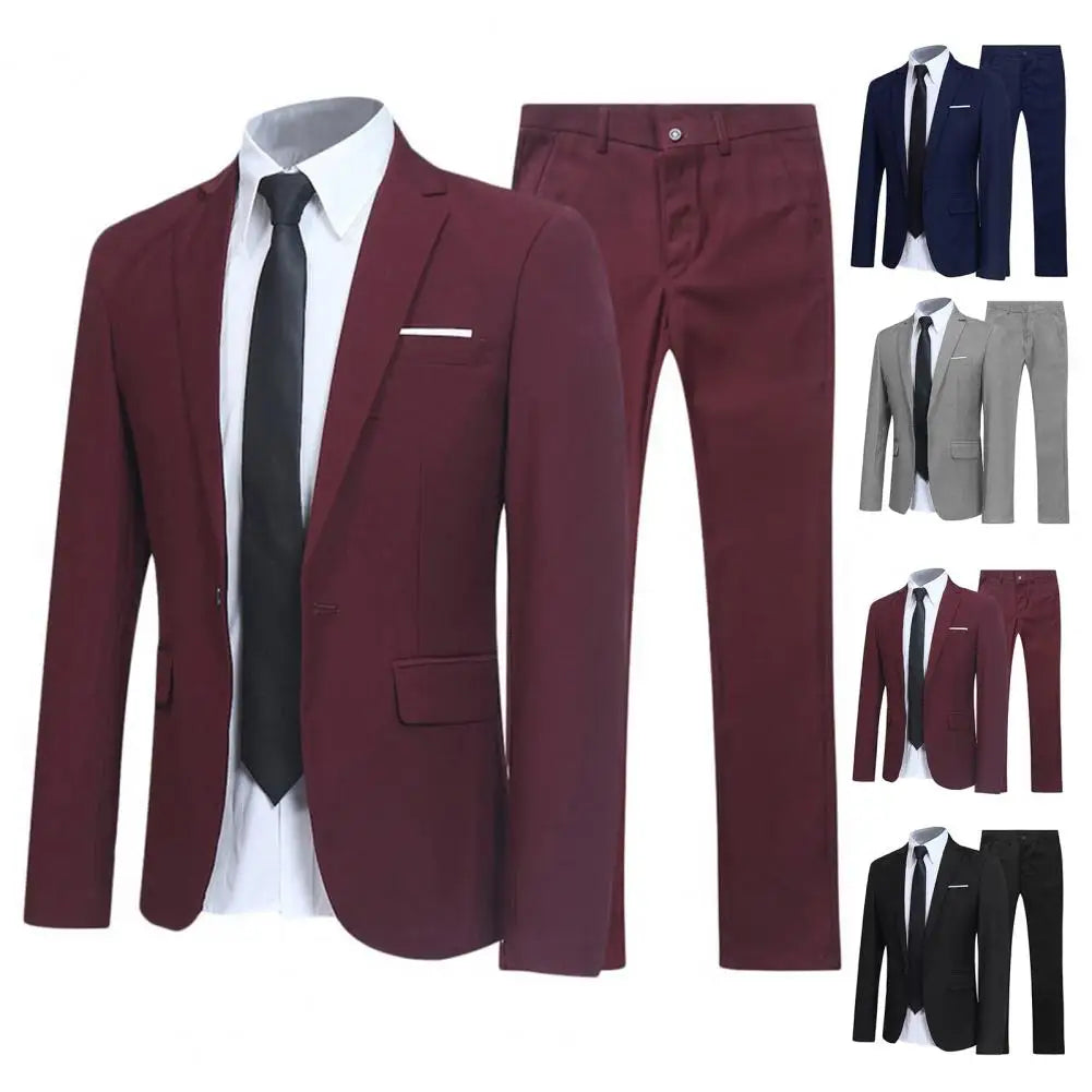 Men's Casual Boutique Business SuitSolid Color Turndown Collar Slim Fit Wedding Groom Suit Coat Blazers Trousers Suit Men's Sets