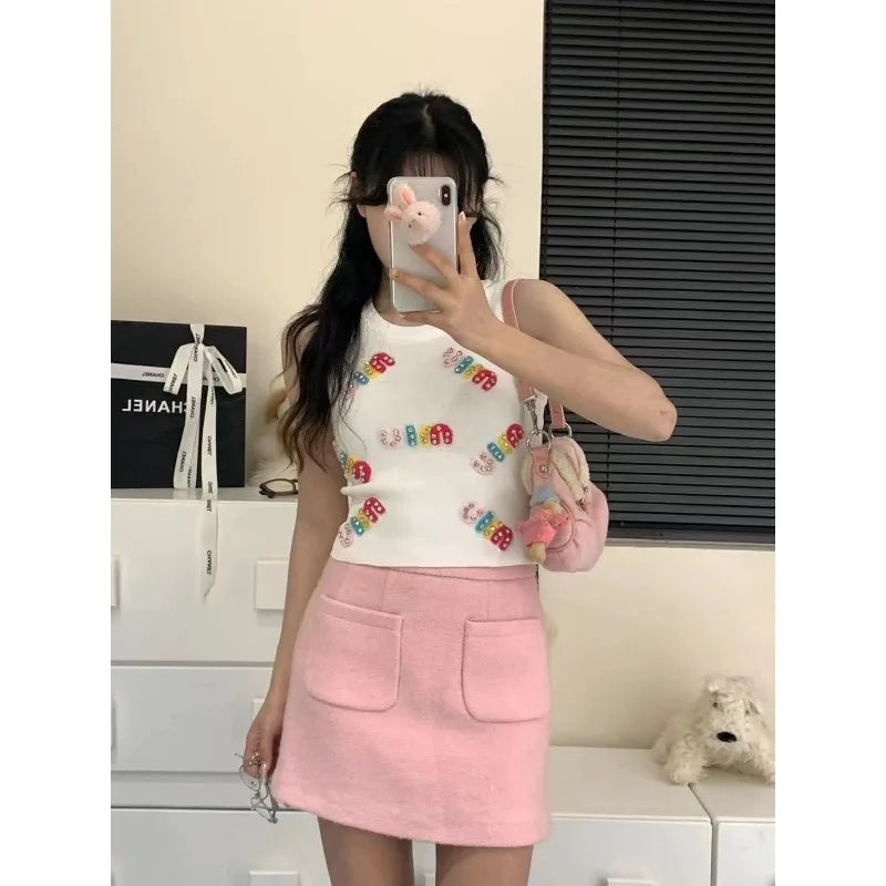 Summer All-match Slim-fitting Hot Girl Thin Sexy Sleeveless Pure Seductive Rhinestone-embellished Letter Knitted Camisole Top