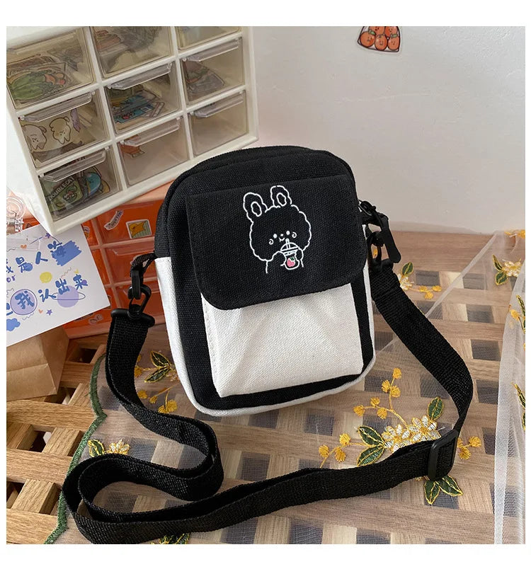 Ladies Fashion Canvas Small Square Bag Korean Version Multifunctional Cute Dog One-shoulder Diagonal Mobile Phone Package