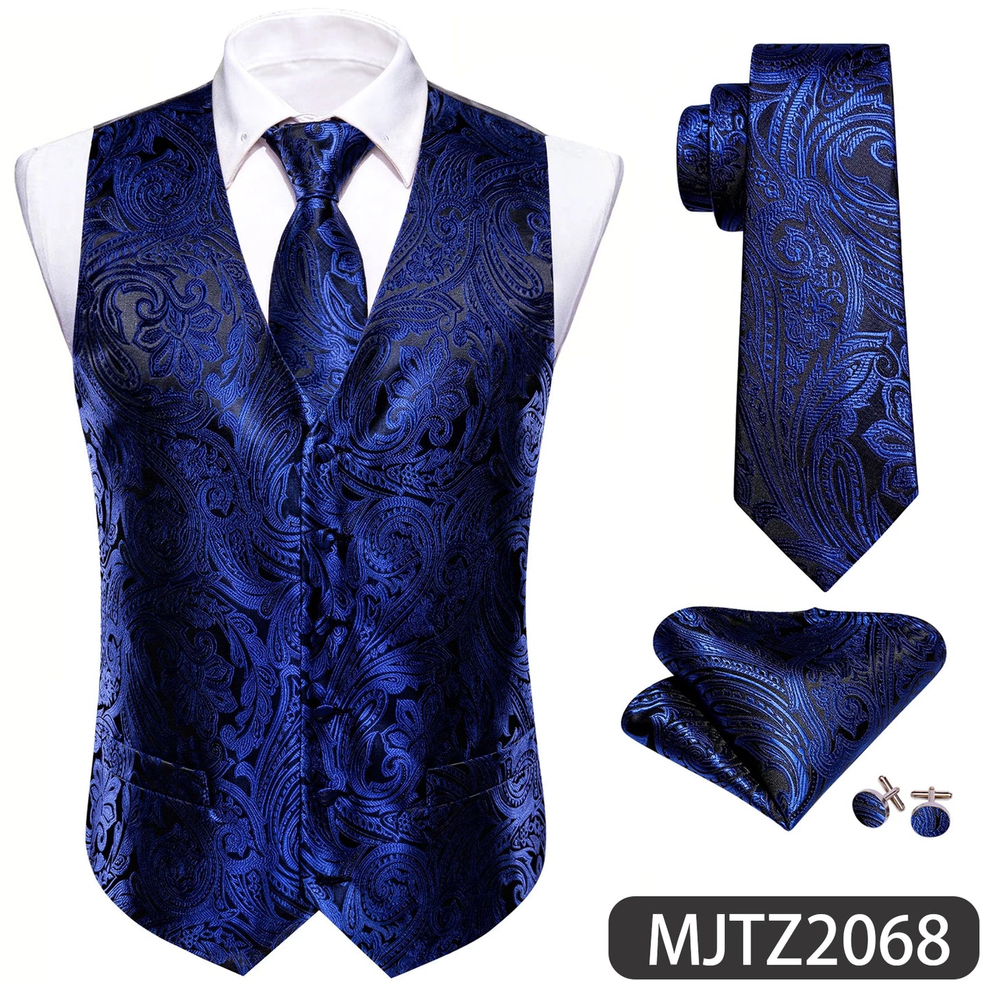 Sky Navy Royal Teal Blue Silk Men Vest Tie Hanky Cufflink Set Woven Waistcoat Sleeveless Jacket Male Wedding Business Barry.Wang