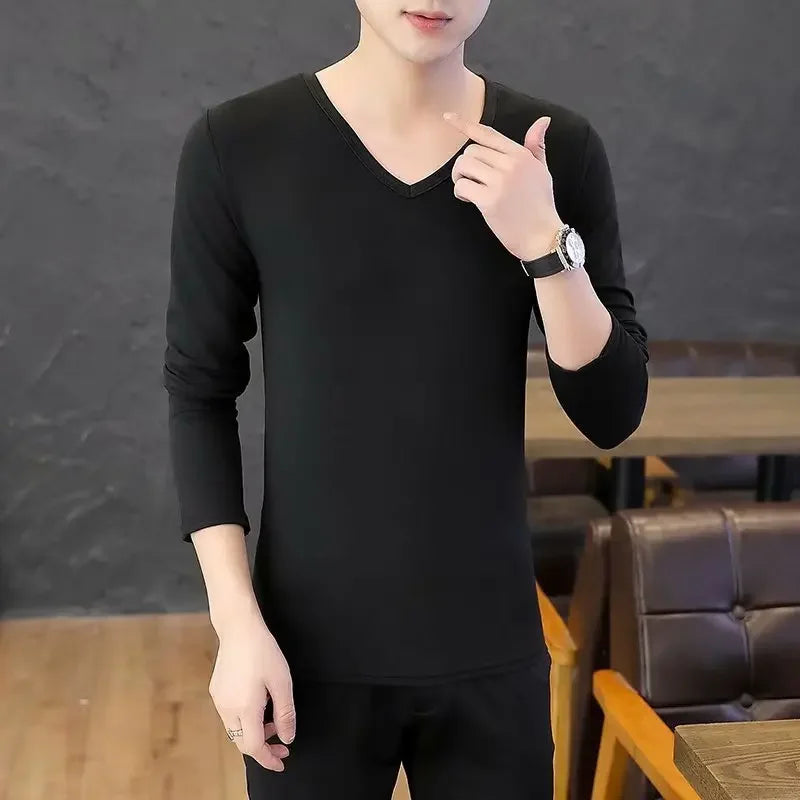 Men's Long Sleeve Black V-neck Base Layer T-shirt Solid Color Autumn Innerwear Thin Style Comfortable Men's Top