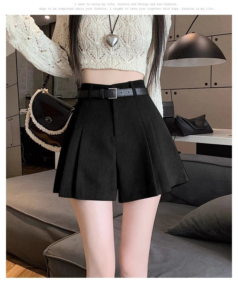 Corduroy Velvet Women Shorts Autumn Winter High Waist Slim Flared Trousers Fashionable Temperament A- crotch Boots