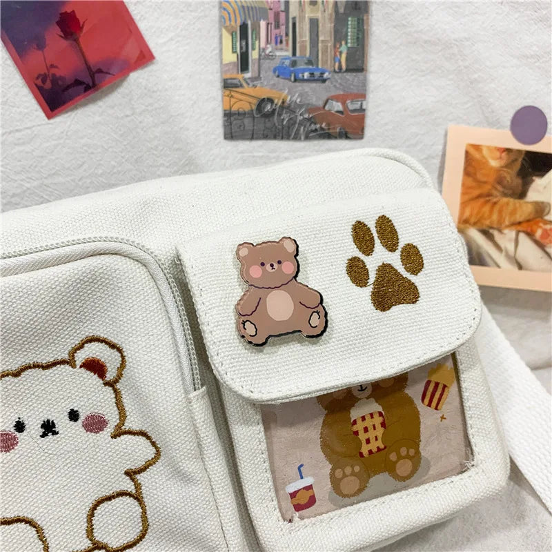 Canvas Small Bag Japanese ins Women Shoulder Bag Cute Funny Personality Embroidery Bear Girl Student Transparent Messenger Bag