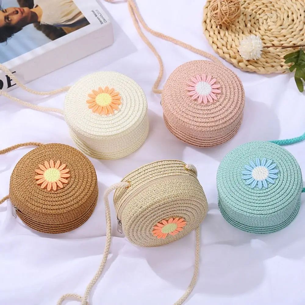 Round Straw Bag Women Woven Crossbody Beach Bag for Ladies Cute Rattan Handmade Knitted Shoulder Bag Candy Color Small Handbag