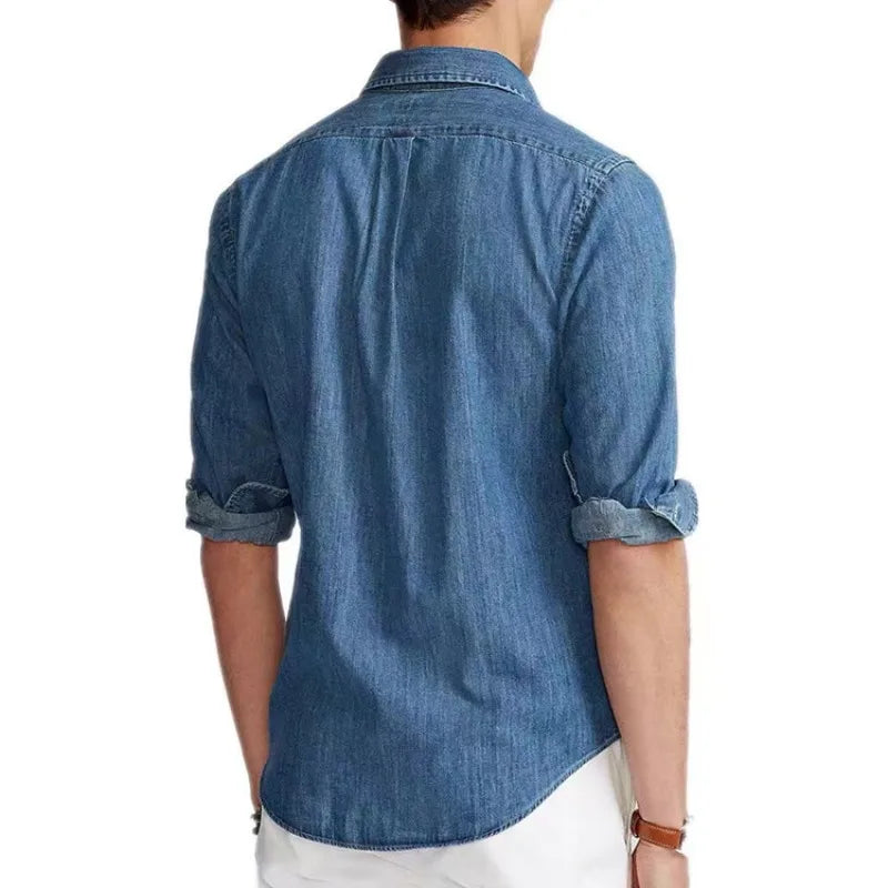 Chemise en jean à manches longues pour homme, nouvelle collection 2024, en coton, noir, bleu, épaules tombantes, poches à boutons, style cowboy, ample, décontractée, pour le travail