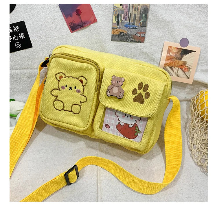 Canvas Small Bag Japanese ins Women Shoulder Bag Cute Funny Personality Embroidery Bear Girl Student Transparent Messenger Bag