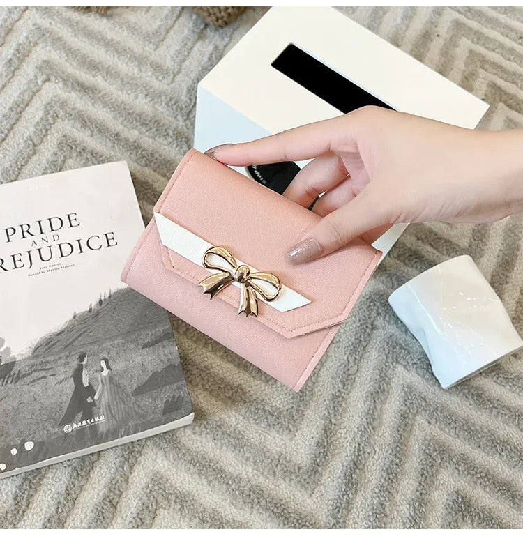 Women Wallet Foldable Portable Ladies Short Coin Purses Fashion Cute Bow Clutch Bag PU Leather Quality Female Card Holder Purse