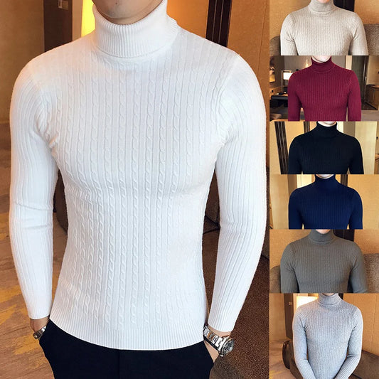 Pull d'hiver épais et chaud à col roulé pour homme, pull de marque à coupe ajustée, tricot à double col