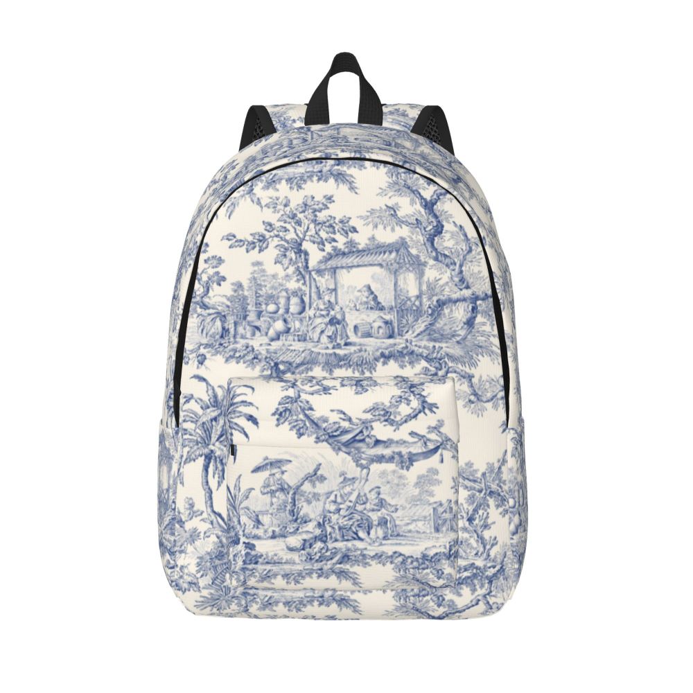 Personalized Navy Blue Toile De Jouy Canvas Backpacks Men Women Basic Bookbag for School College French Countryside Floral Bags