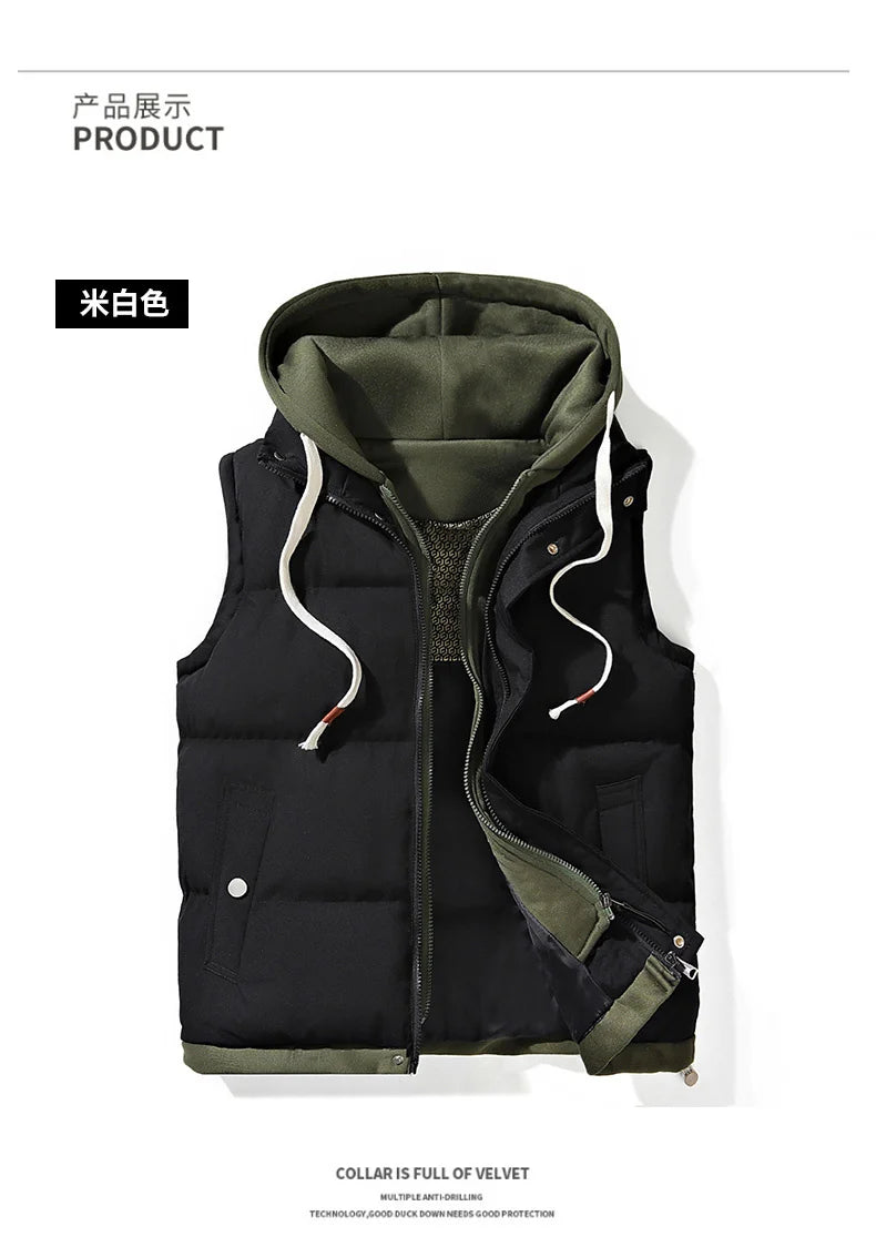 Korean Fashion Hooded Vest for Men Autumn Winter Casual Sleeveless Men Coats Windproof Sleeveless Men Cotton Jacket with Hood