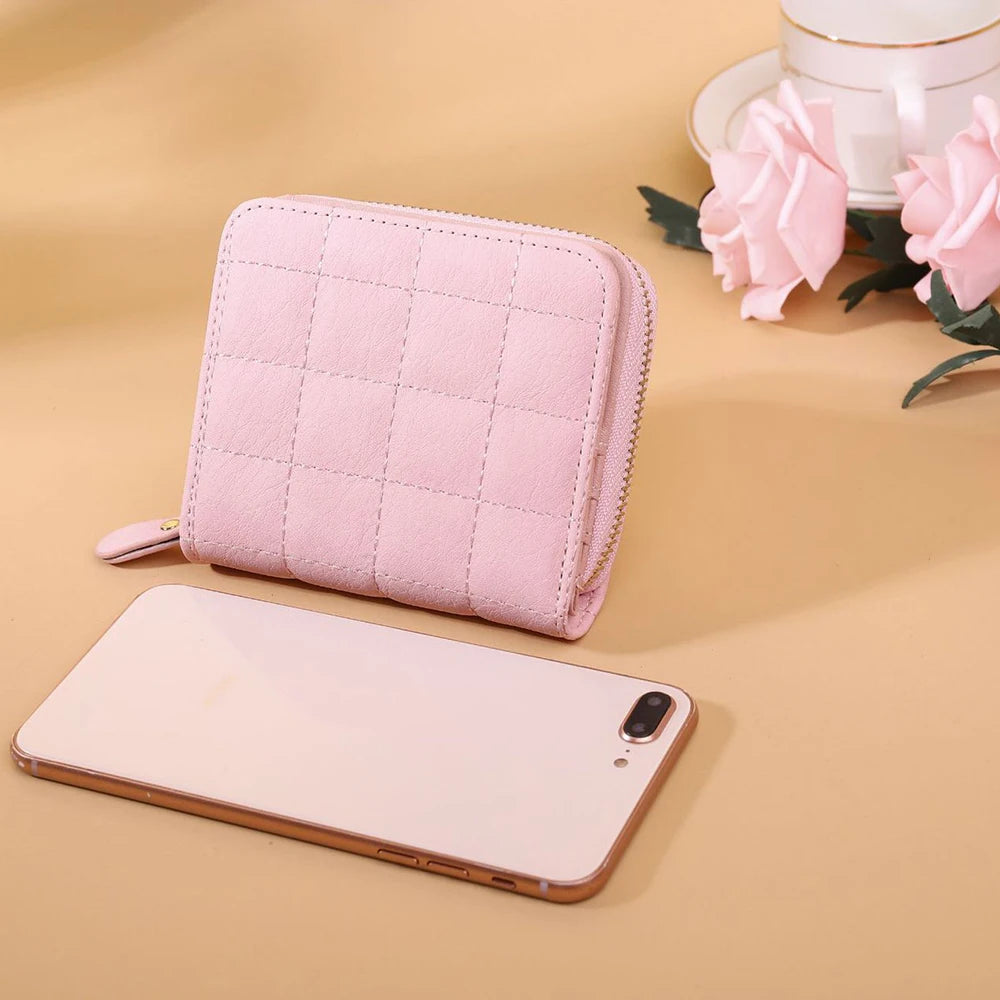 Leisure Flodable Short Wallets Coin Card Holder Women‘s PU Leather Plaid Zipper Coin Money Purses ID Credit Card Holder Wallet