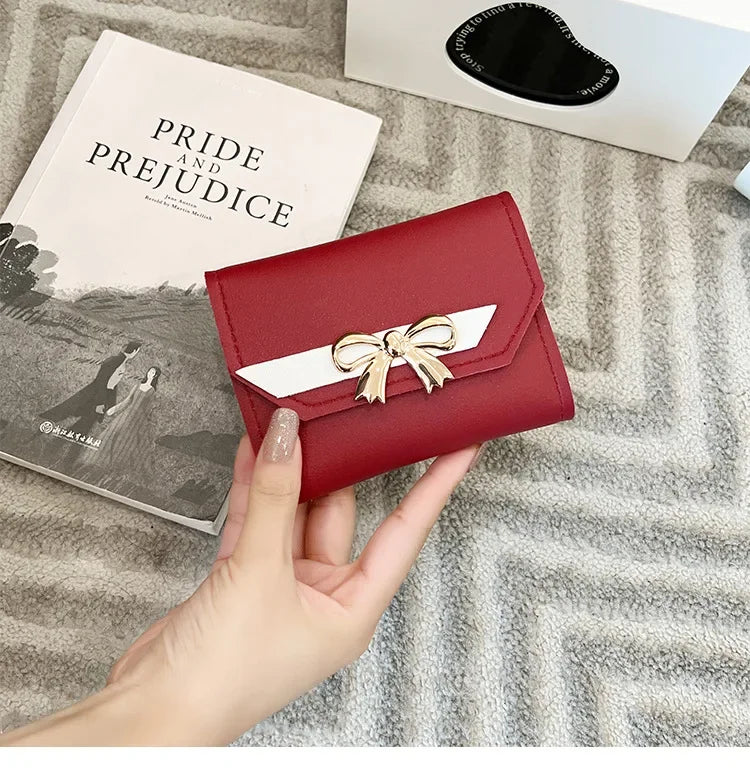 Women Wallet Foldable Portable Ladies Short Coin Purses Fashion Cute Bow Clutch Bag PU Leather Quality Female Card Holder Purse