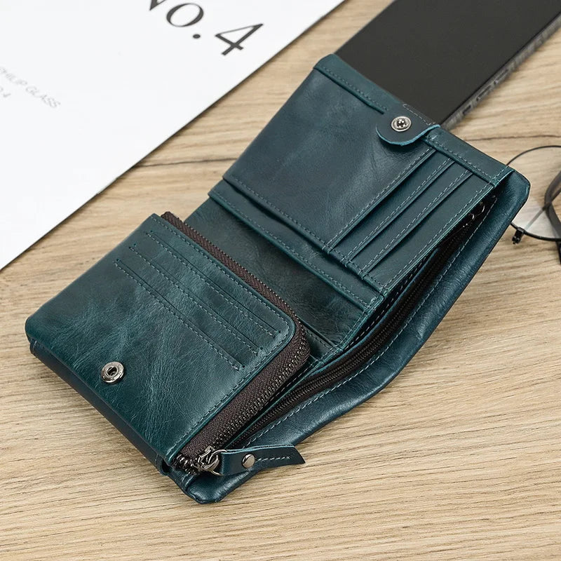 Leather Men‘s Short Wallet Hasp Genuine Leather Unisex Zipper Coin Clutch Purse Cowhide Card Holder Trifold Man wallets