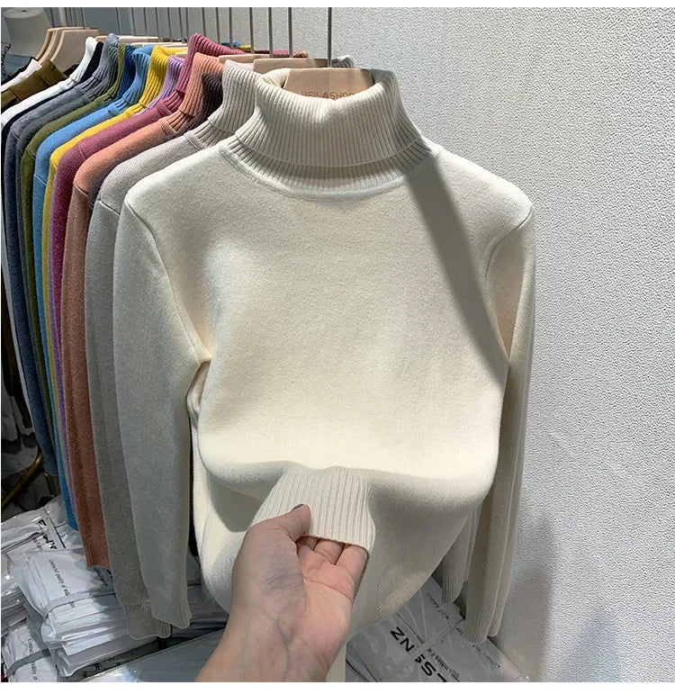 Fleece-lined Thickened High Collar Sweater For Women Autumn/winter Stylish Knit Warm Top Trendy Fleece-lined Base Layer Top