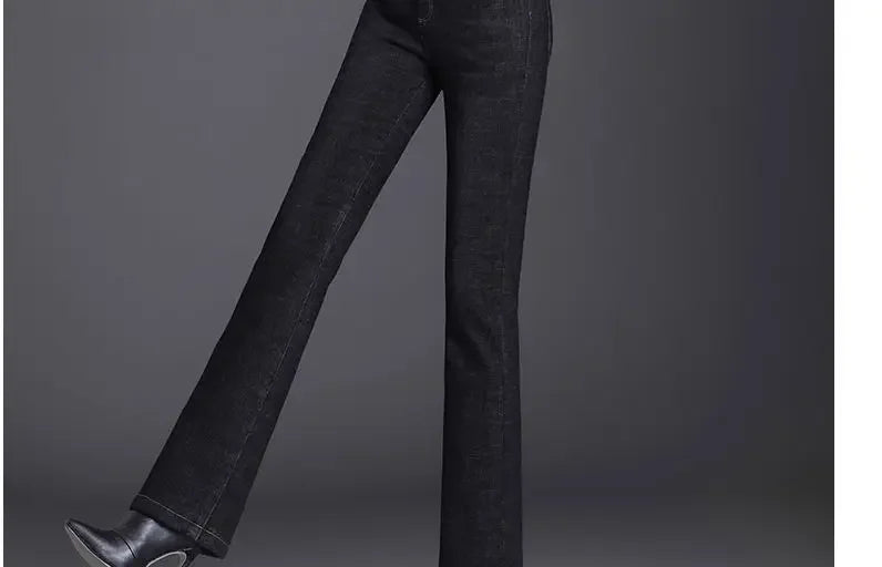 Jeans Femme Doublé Polaire Épais Taille Haute Jambe Droite Taille Élastique Pantalon Pattes D'éléphant Chaud Automne/Hiver