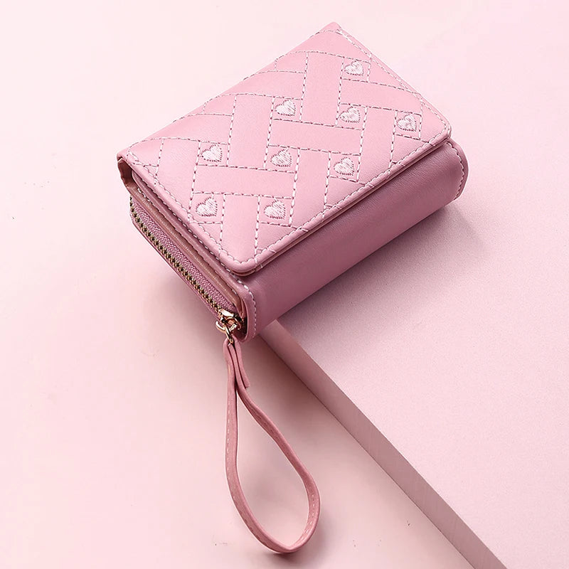 Women's Wallet For PU Leather Fashion Embroidered Love Tri-fold Small Wallet Card Holder Multi-card Slot Coin Purses