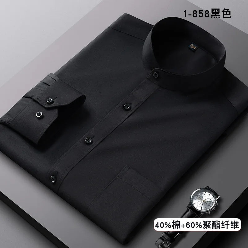 Stand Collar Shirt Men's Long Sleeve Chinese Style Tang Suit Breathable Anti-Wrinkle Easy Care Business Casual Dress Shirts