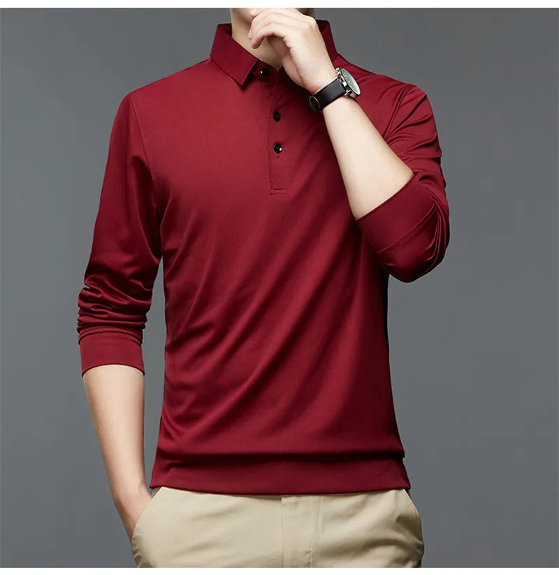 Fashion Men New Business Solid Polo Shirts Spring Autumn Thin Long Sleeve Button Lapel Male Clothing Loose Casual T-Shirt Tops