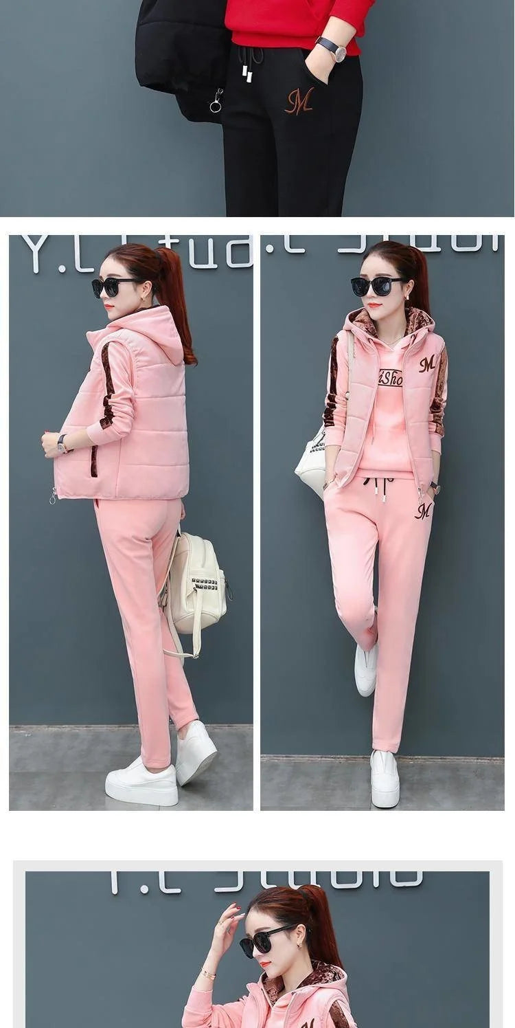 2024 Autumn Winter New Women's Casual Sweat Suit Fashion Plush Thickened Hooded Tops Waistcoat Pants 3 Three Piece Set For Women