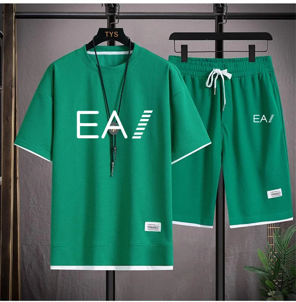 Men's summer new round necked short sleeved and shorts two-piece set with the letters EA1 printed, fashionable and casual set