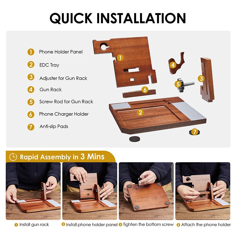 ONETIGRIS Wood Phone Docking Station, Men Gift Nightstand Organizer Desk Organizer Beside Wallet Tray Watch Stand with Gun Rack