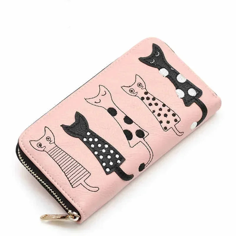 Women European and American Cats Cute Cartoon Embroidery Thread Ladies Zipper Long Wallet Clutch Bag Simple Fashion