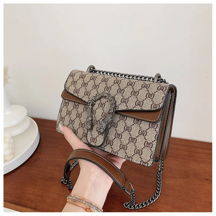 New retro printed chain bag popular underarm bag oblique span shoulder small square bag