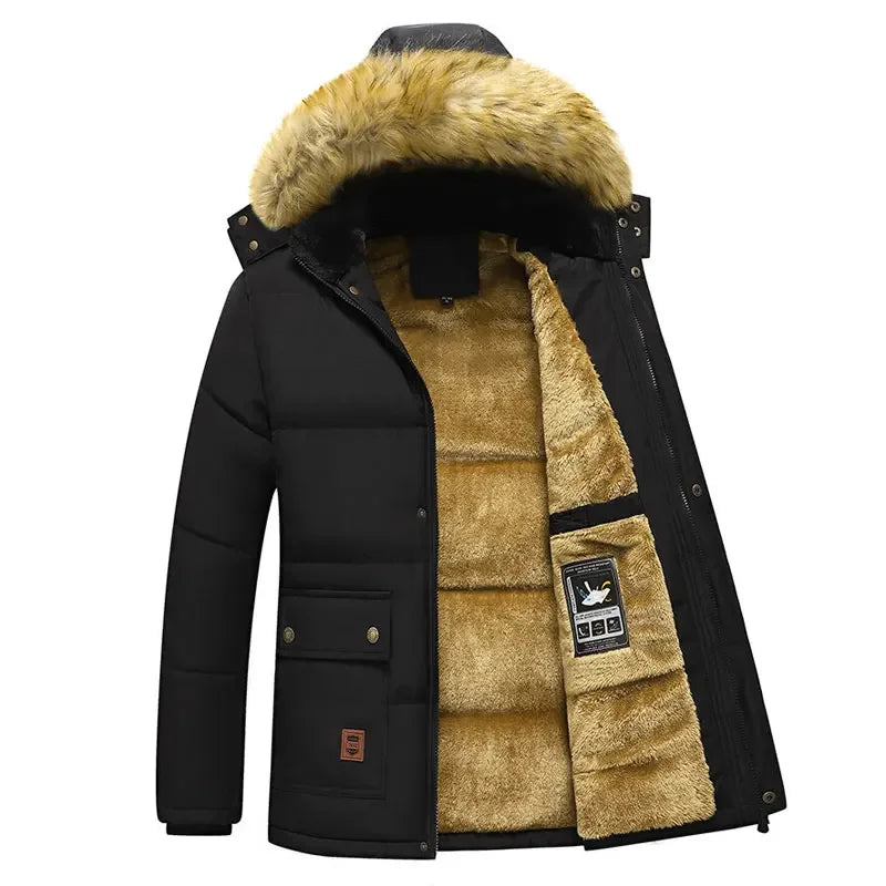 2024 Nouveaux Hommes Hiver Automne Travail Vêtements Parka Noir Polaire Doublé Épais Chaud À Capuche Col De Fourrure Manteau Homme Taille 5XL Veste En Peluche