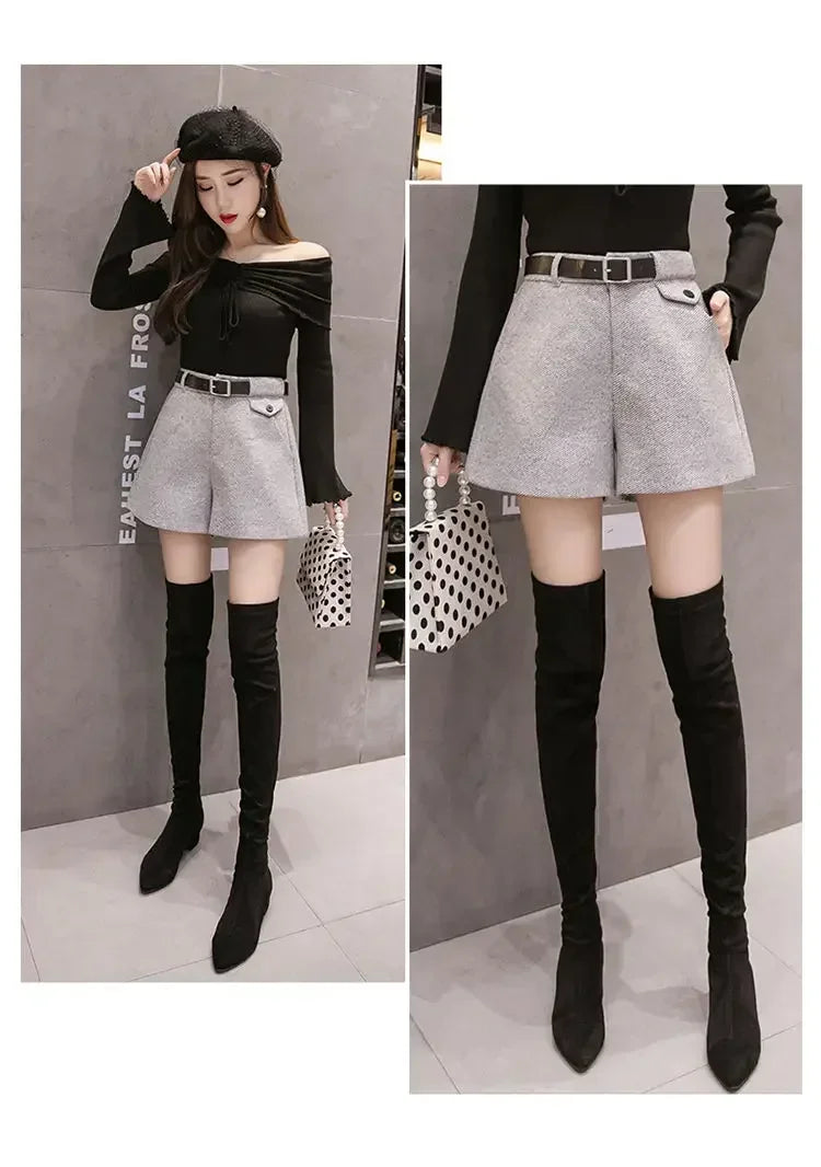 2024 New Women's Woolen Shorts A-line Loose High-Waisted Casual Thick Boots Pants for Autumn Winter Comfortable Bootcut Black