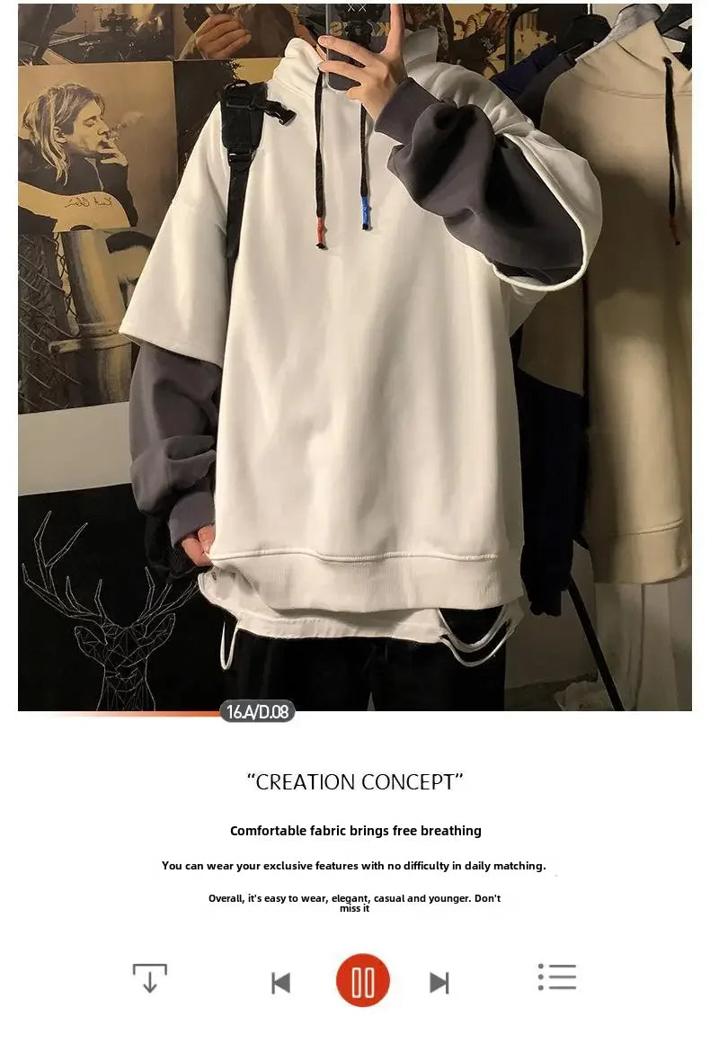 Sweat-shirt Illusion en deux pièces pour hommes, à capuche, tendance, automne/hiver, marque, haut hip-hop, surdimensionné, niche, veste de rue