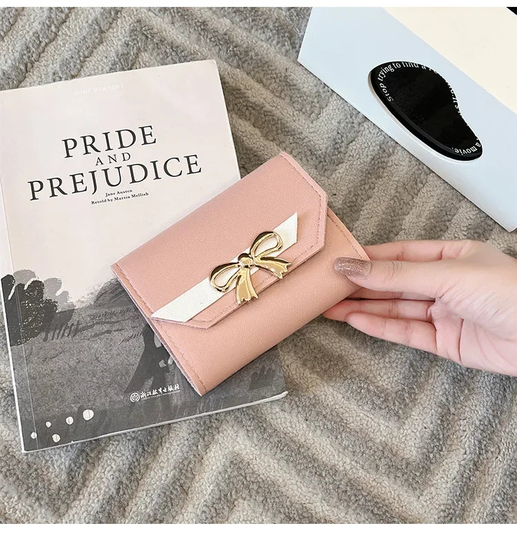 Women Wallet Foldable Portable Ladies Short Coin Purses Fashion Cute Bow Clutch Bag PU Leather Quality Female Card Holder Purse