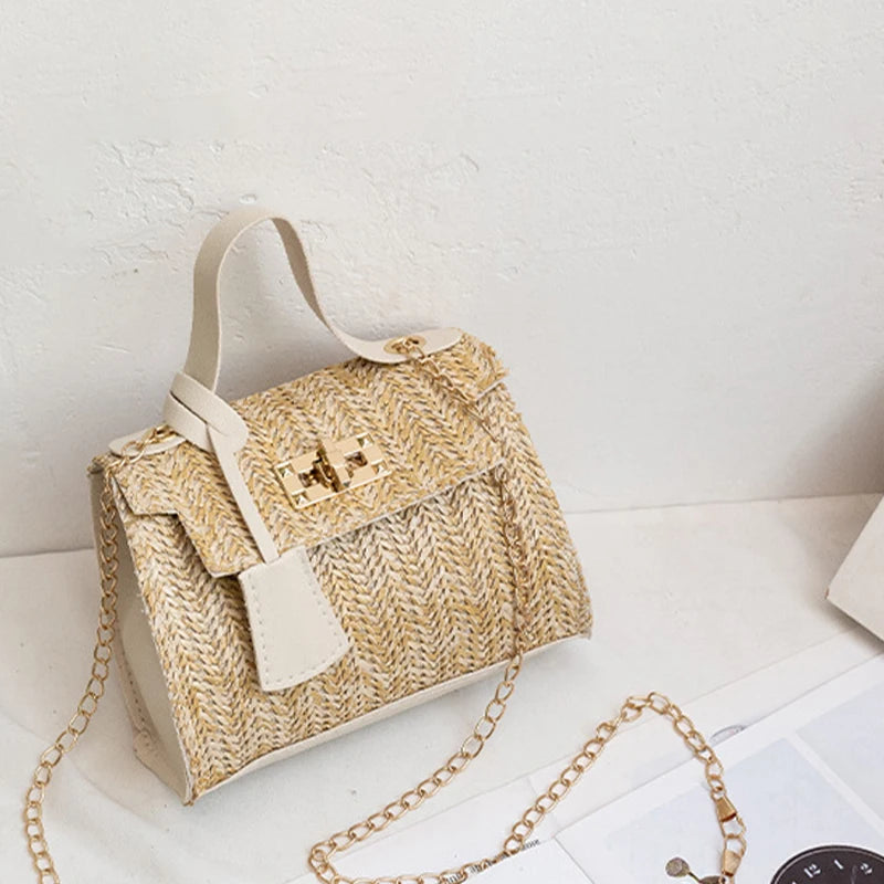 New Straw Woven Shoulder Crossbody Bag Beach Clutch Handbag Casual Summer Handmade Chain Bags for Women Totes Purse