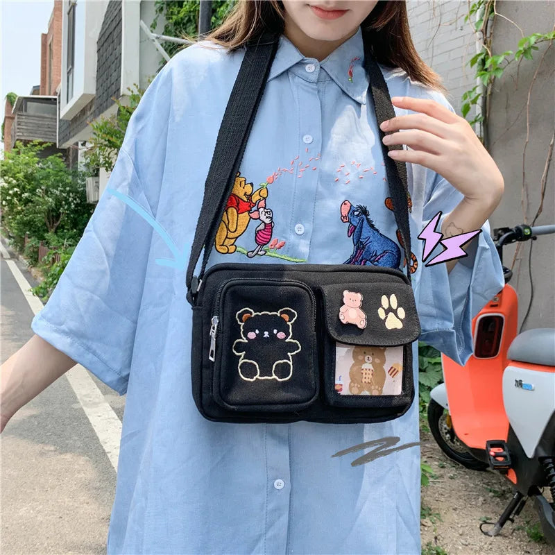 Canvas Small Bag Japanese ins Women Shoulder Bag Cute Funny Personality Embroidery Bear Girl Student Transparent Messenger Bag