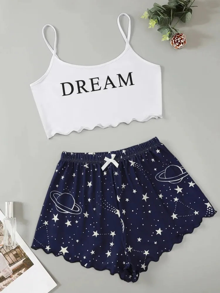 Ensemble de pyjama imprimé lettres d'été lune étoiles pour femmes, lingerie sexy sans manches, haut court avec short, ensemble de pyjama, vêtements de nuit