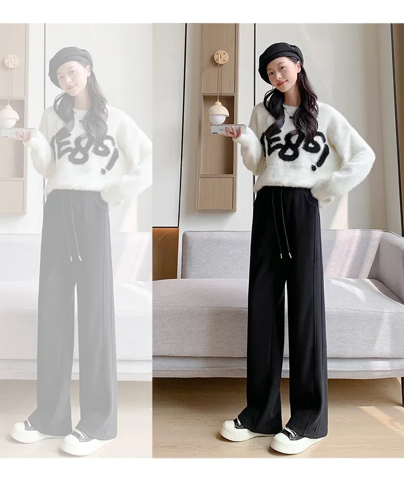 Women's Winter Thickened Fleece-lined Bell Bottoms Casual Straight-leg Pants High-waisted Draped Rice Cake Trousers New Model