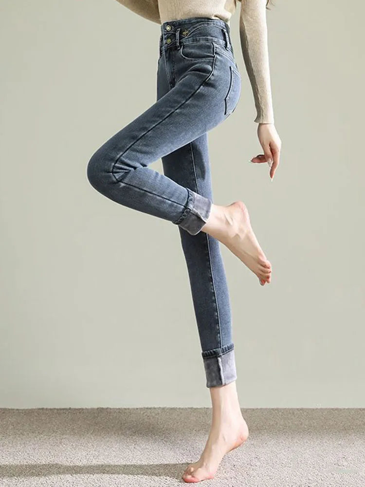 Women Thicken Skinny Pencil Jeans Winter Warm High Waist Stretch Velvet Lined Vintage Denim Pants Korean Solid Y2k Slim Vaqueros