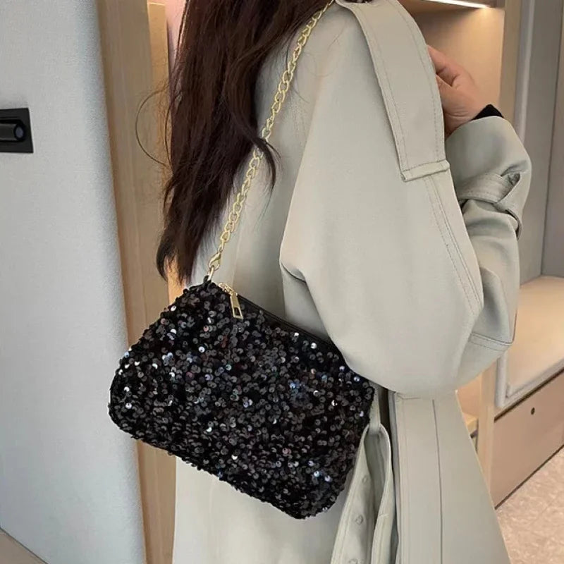 Sequins Crossbody Chain Bag Simple INS Solid Color Sequins Shoulder Bag Underarm Bag Phone Purse Evening Clutch Bags Handbag