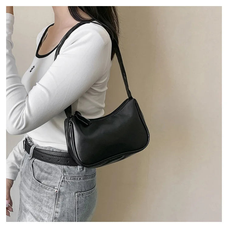 Retro Soft PU Leather Women Shoulder Underarm Bags Casual Solid Color Small Top-Handle Handbags Ladies Fashion Shoulder Bags