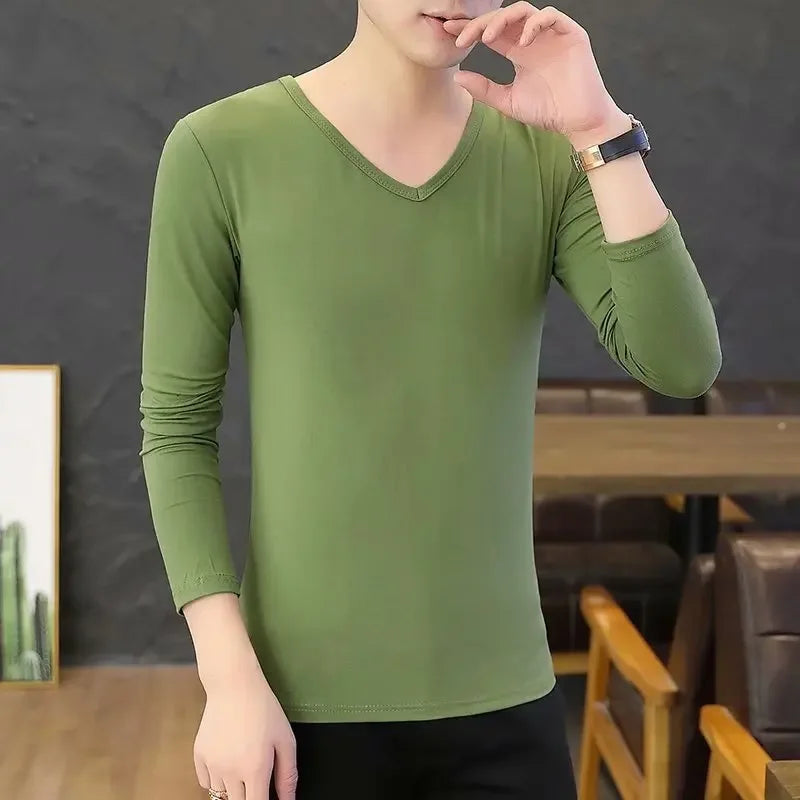 Men's Long Sleeve Black V-neck Base Layer T-shirt Solid Color Autumn Innerwear Thin Style Comfortable Men's Top