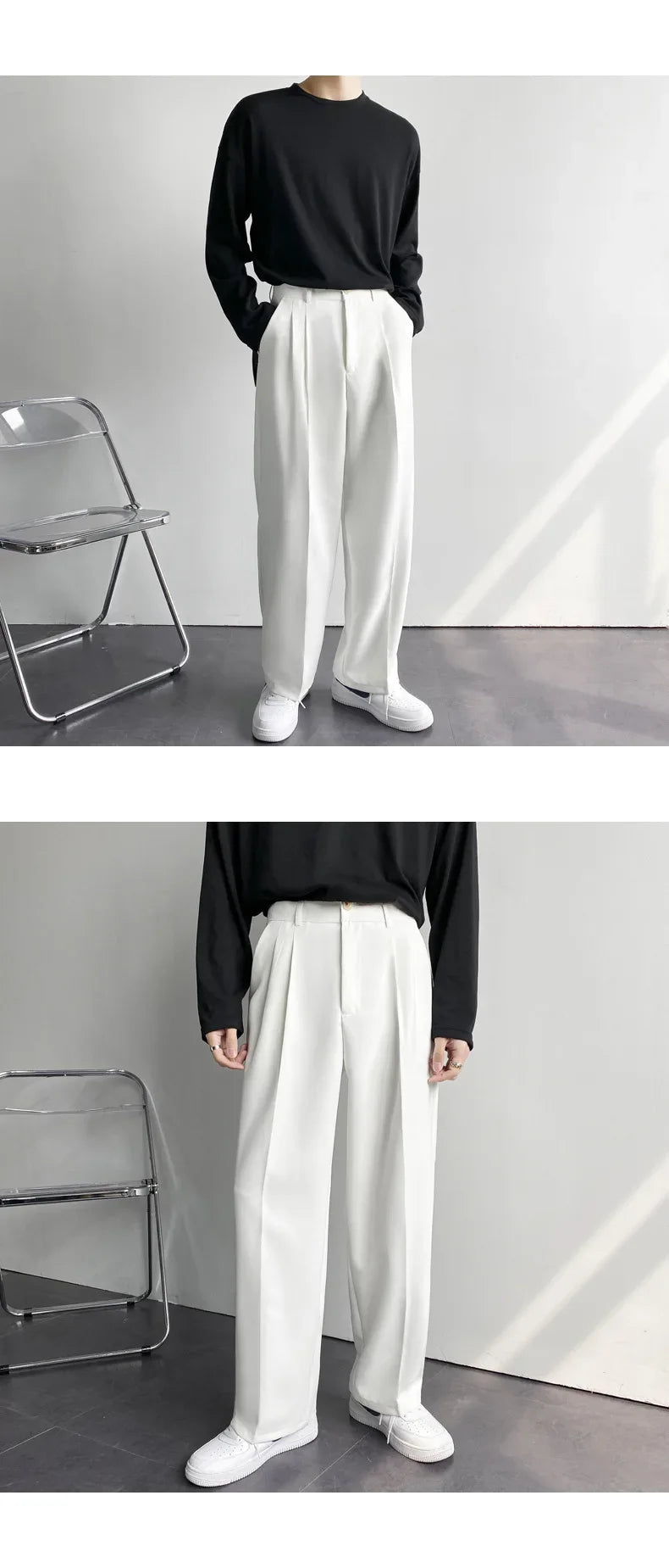 Spring Autumn Korean Style Men's Straight-leg Suit Pants Loose Fit Casual White Wide-leg Trousers Dragging Pants