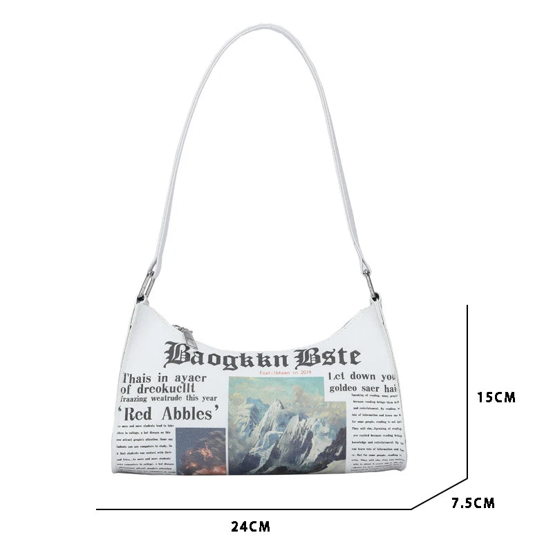 Fashion Women Newspaper Letter Printing PU Leather Shoulder Underarm Bag Casual Ladies Small Purse Buckle Handbag Messenger Bags