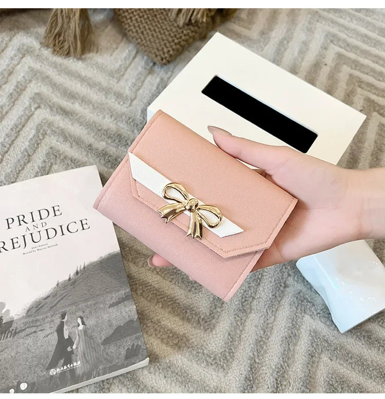 Women Wallet Foldable Portable Ladies Short Coin Purses Fashion Cute Bow Clutch Bag PU Leather Quality Female Card Holder Purse