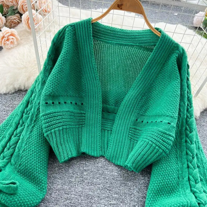 Green Casual Acrylic Knit V-Neck Lantern Long Sleeve Lace Up Women's Cardigan Sweater Short Cardigan For Women Clothing 2024