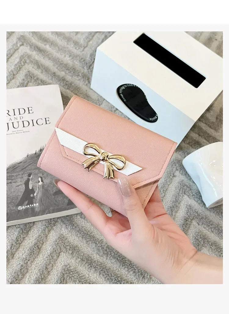 Women Wallet Foldable Portable Ladies Short Coin Purses Fashion Cute Bow Clutch Bag PU Leather Quality Female Card Holder Purse