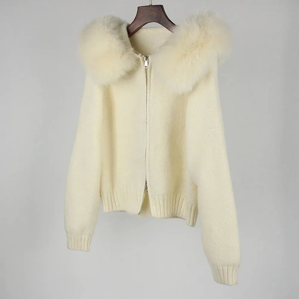 2024 Fashion Autumn Winter Casual Hooded Real Fox Fur Collar Fashion Short Knitted Jacket with Natural Fur Coat for Women