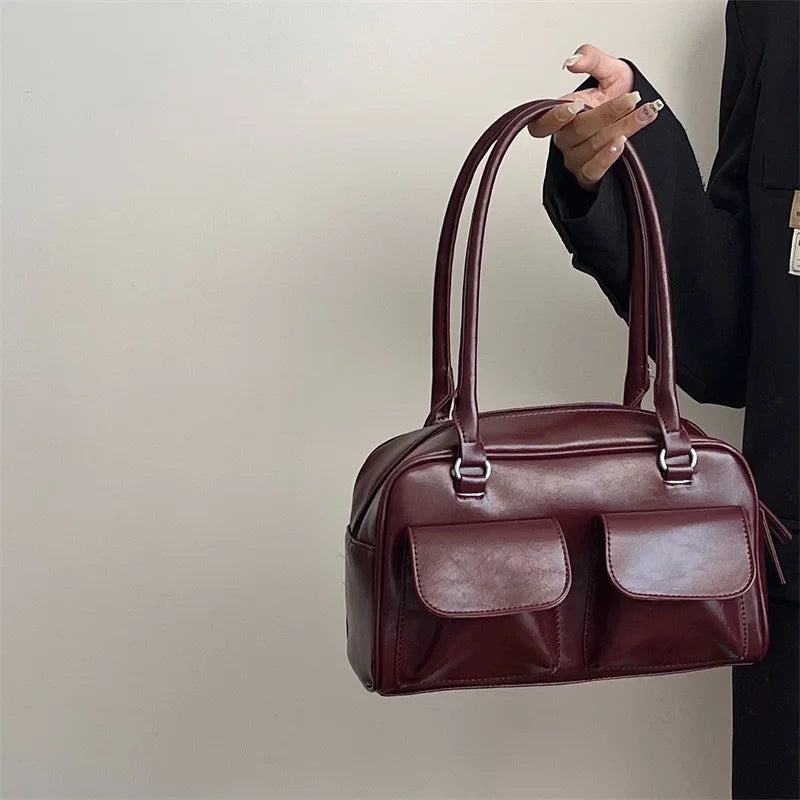 Vintage Women Business Shoulder Bags Simple Ladies Commute Tote Bag Pu Leather Female Underarm Bag Burgundy Large Handbags Purse