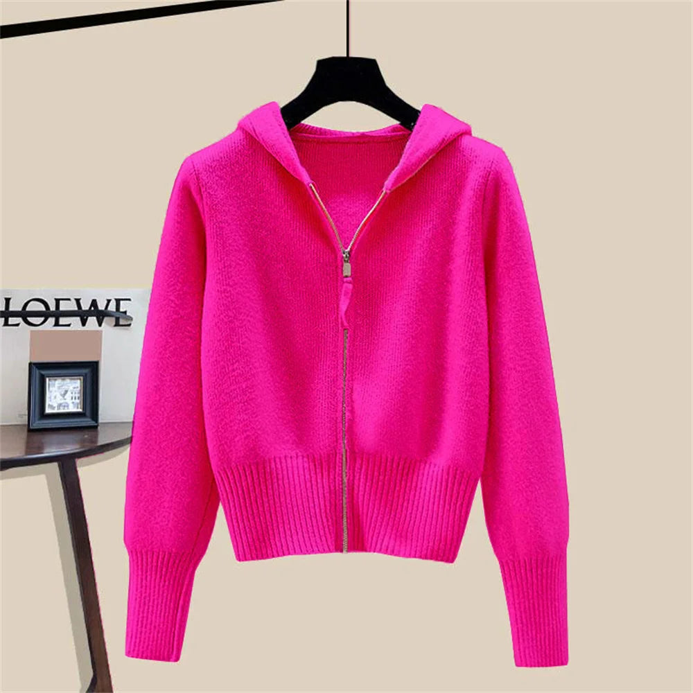 Autumn Winter Long Sleeved Double Zipper Soft Cardigan Sweater With Hat Design Top Spring Fashion Hooded Sweater Jacket Women