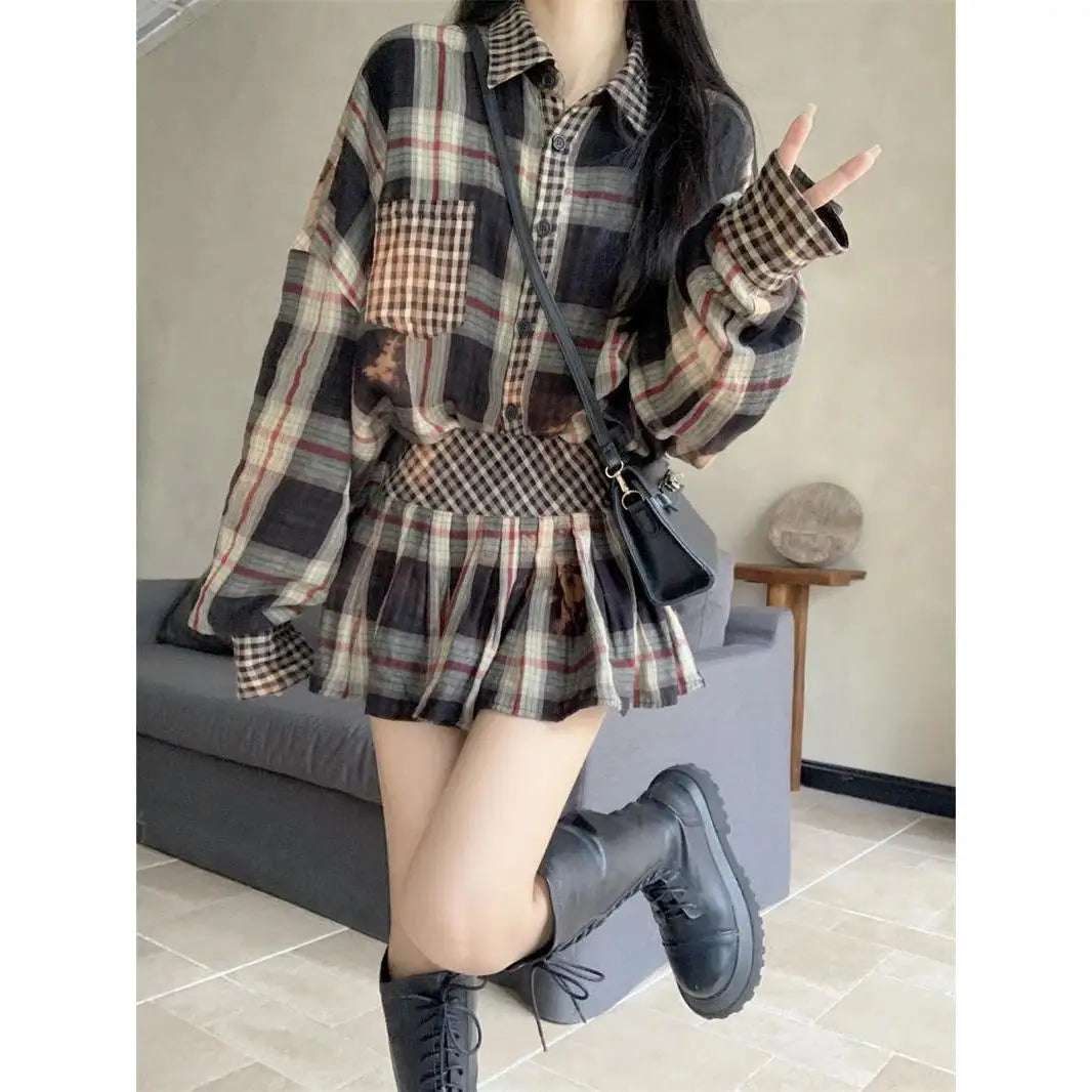 Onalippa Contrast Plaid Two Piece Sets Womens Outfits Turn Down Collar Casual Blouse Korean Chic Waist Belt Mini Pleated Skirts