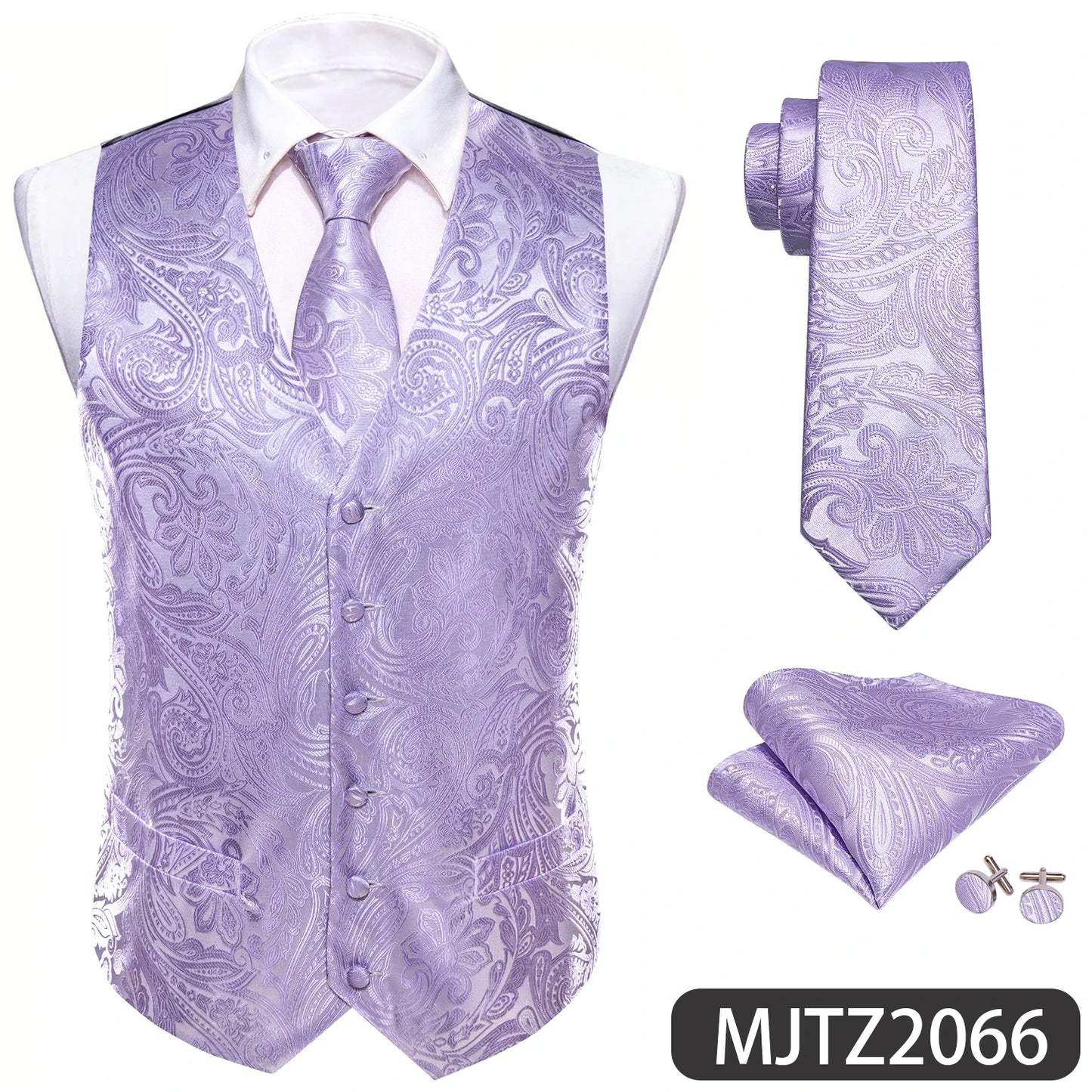 Lilac Purple Violet Lavender Silk Men Vest Tie Hanky Cufflinks Set Woven Waistcoat Sleeveless Jacket Wedding Business Barry.Wang